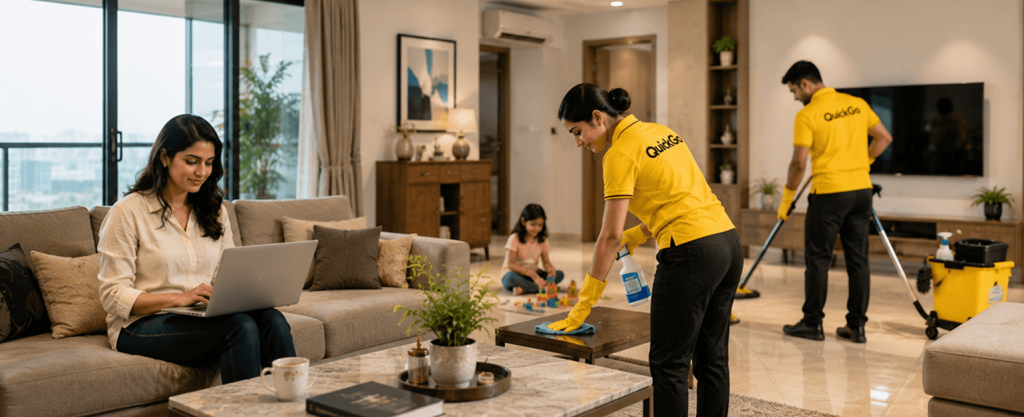 Professional home cleaning service in Delhi booked through QuickGo
